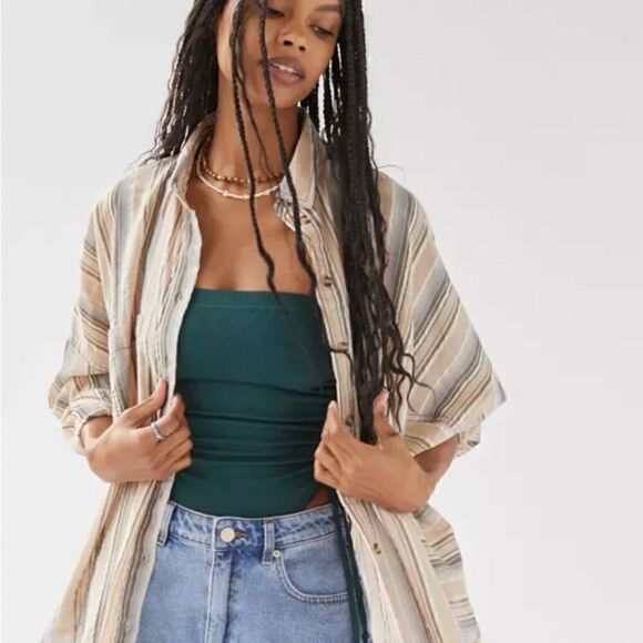 BDG Urban Outfitters Bell Button-Down Shirt  Striped Oversized Long Sleeve (XS) - Picture 3 of 16